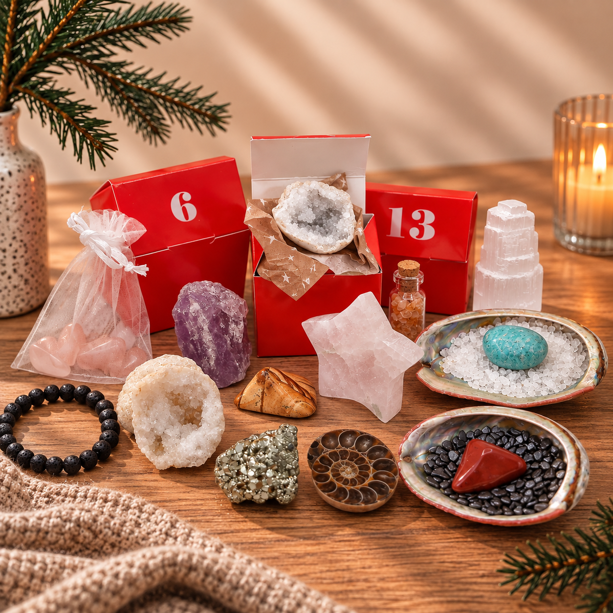 Adventskalender met edelstenen en mineralen voor kerst