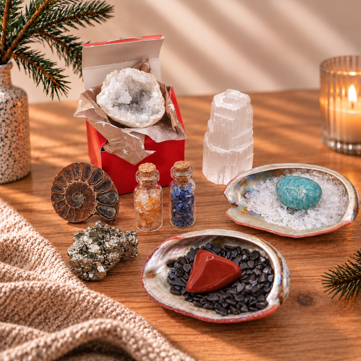 Edelstenen adventskalender met geode, kristallen en andere verrassingen