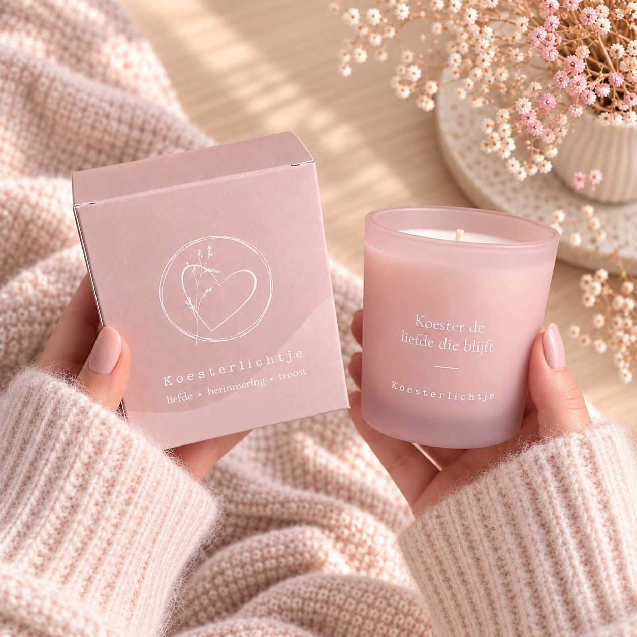 Koesterlichtje in dusty roze als betekenisvol troostgeschenk bij verlies