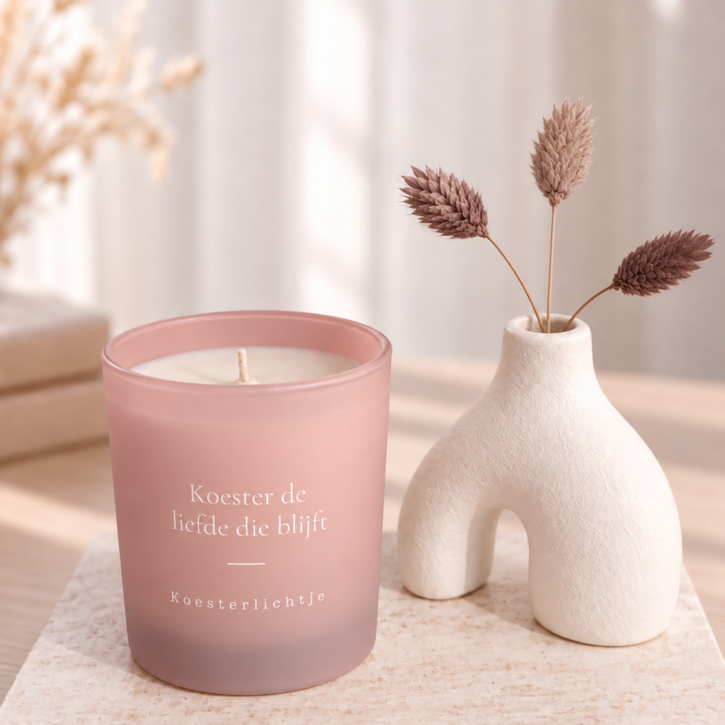 Dusty roze herinneringskaars als lichtje voor een warme gedenkplek