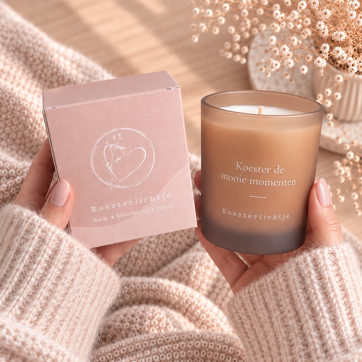 Troostkaars + cadeau doosje warm bruin