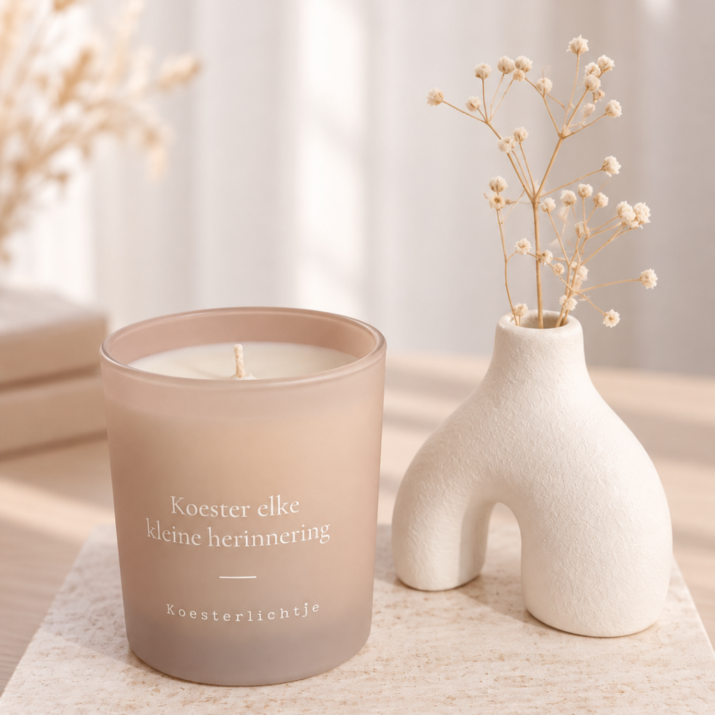 Zacht beige herinneringskaars als lichtje voor een warme gedenkplek